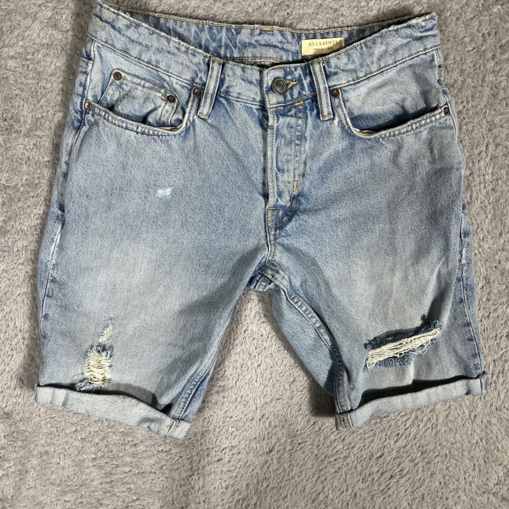 AllSaints Switch Distressed Denim Shorts Light Wash Blue W28 Button Fly Cuffed